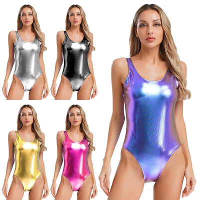 DE iEFiEL Damen Glänzend Bodysuit Einteiliger Body U-Ausschnitt Gymnastik Party - Bild 1 von 4