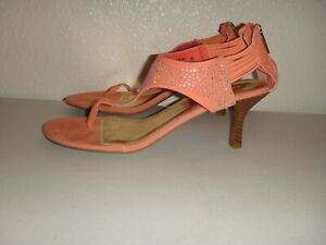 BAMBOO High Heel Strap Thongs Sandals Coral Faux Suede Zip Back Crystals Size 10