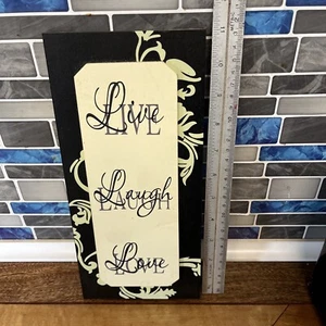 LIVE LAUGH LOVE Inspirational Art Deco Wood Yellow Tan Sign (Black Letters) - Picture 1 of 4