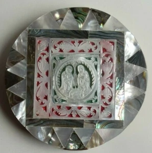 Seltene Vintage geschnitzte MOP Weihnachtskrippe Abalone Akzente Kompaktspiegel - Bild 1 von 9