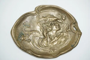 Antik JUGENDSTIL LADY wirbelnde Rauchermütze Kommode Münzstift Tablett Bronze Messing - Bild 1 von 2