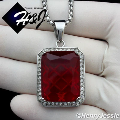 20"MEN Stainless Steel 3mm Silver Box Link Chain Simulated Ruby Pendant*P103 - Image 1 of 4
