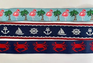Jacquard Ribbon nautical crab flamingo palm blue dog 5/8" collar sailboat - Picture 1 of 3