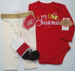 Girls My 1st Christmas Outfit Bodysuit Socks Leggings Holiday 3 pc Set Gold - Picture 1 of 8