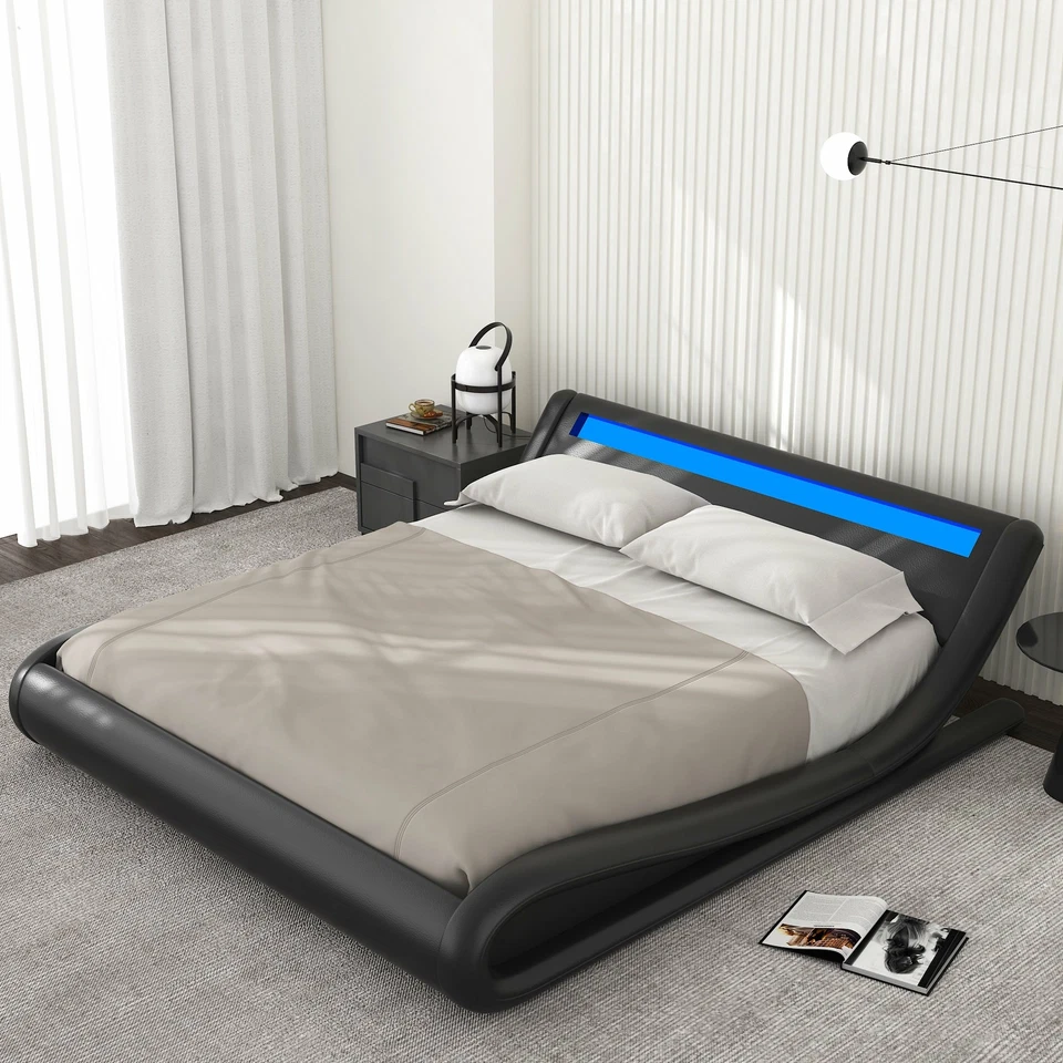 Sifurni Queen Size Modern Platform Bed Frame with LED Lights Headboard, Black - Image 1 of 4