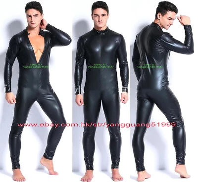 Unisex Black Shiny Metallic Catsuit Costumes Jumpsuits Bodysuit Yoga Suit F1075 - Image 1 of 3