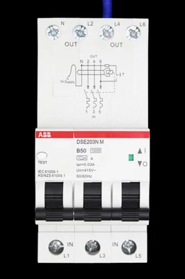 ABB 50 AMP CURVE B 10kA 30mA TRIPLE POLE RCBO TYPE A DSE203N M 2TAZ234414R2505 - Image 1 of 4