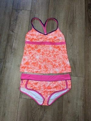 Athleta Swim 2 Piece Set Tankini Bottoms Built In Pad Bra Bright Orange Pink L - Image 1 of 4