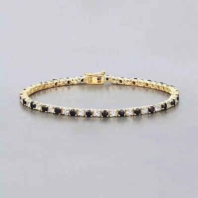 7 Ct Round Simulated Black Diamond Women Tennis Bracelet 14k Yellow Gold Plated - Image 1 of 4