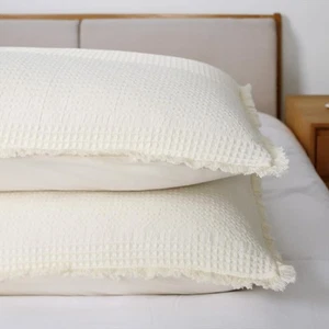 Waffle Euro Sham Covers Cotton Textured Cream Off White Boho 26x26 Set of 2 I... - Picture 1 of 7
