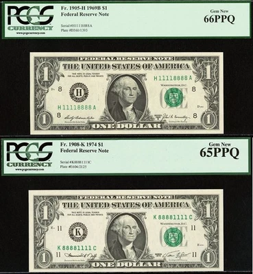 1969B 1974 $1 FRN PCGS 66PPQ Double Quad Binary Serial Number 11118888/88881111 - Image 1 of 4