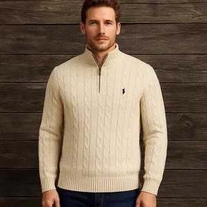 Polo Ralph Lauren Langarm 1/4 Zip Zopfmuster Pullover - hellbraun (marine Pony) - - Bild 1 von 7