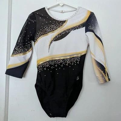 Gymnastics Leotard Long Sleeve Black White Gold Foil Mesh Rhinestones Size CM - Image 1 of 4