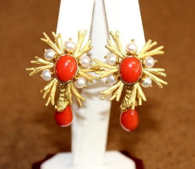 Ruth Grieco for Denoir Brazil 18k Yellow Gold Red Coral & Pearl Earrings [115WEI - Image 1 of 4