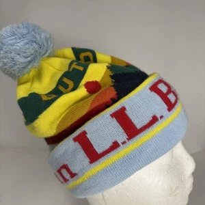 LL Bean Mountain Katahdin Beanie Winter Pom Pom Hat Yellow Blue Ski Unisex Adult - Picture 1 of 5