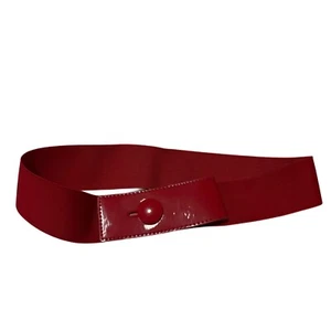 Women’s Vintage 1980s Patent Leather Buckle Elastic Belt in Red - Picture 1 of 3