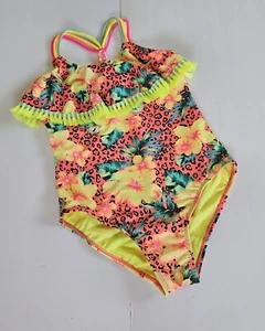 Breaking Waves Girls Swimsuit Ruffle Braided Straps Neon Floral One Piece S - Picture 1 of 13