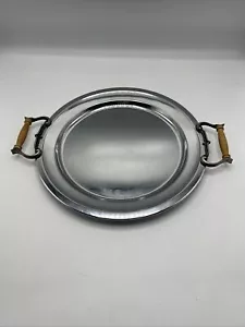 MCM ATAPCO Made in USA Metal-Chrome 13 3/8" Round Serving Tray With Wood Handles - Picture 1 of 4