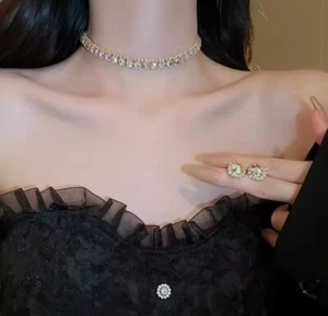 Innen Strass Quadrat Zirkoni Luxus Halskette und Ohrringe Set für Damen - Bild 1 von 12