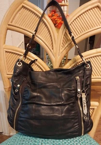 Cole Haan Ruched Black Leather Hobo Shoulder Bag Gold accents - Picture 1 of 11