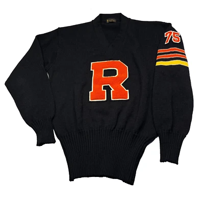 Vintage 70s Letterman Sweater Mens Large Black Virgin Wool Made in USA Preppy - Image 1 of 4