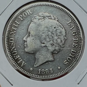 1894 SPAIN SILVER 5 PESETAS ALFONSO CROWN - Picture 1 of 2