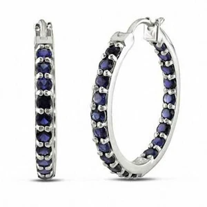 0.50 Ct Round Moissanite Blue Sapphire Hoop Gift Earrings 14k White Gold Over - Picture 1 of 2