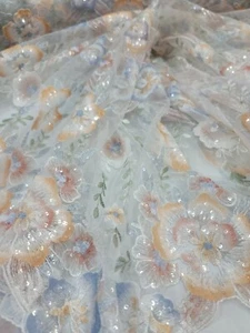 Fabric By The Yard Multicolor Lace Embroidery Flowers Clear Sequin On White Mesh - Picture 1 of 11