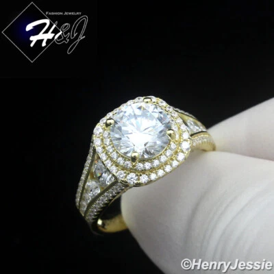 WOMEN 925 STERLING SILVER ICY BLING CZ GOLD PLATED 8MM ROUND ENGAGEMENT RING*217 - Image 1 of 4