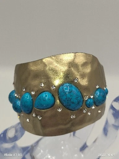 Brazalete Brazalete Martillado Bisagra Primavera Estrás Turquesa Tono Dorado Cabujón Foto 1 de 4
