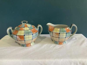 Vintage Plaid Lustreware Creamer & Sugar Set–Colorful Art Deco Goldcastle Japan - Picture 1 of 8