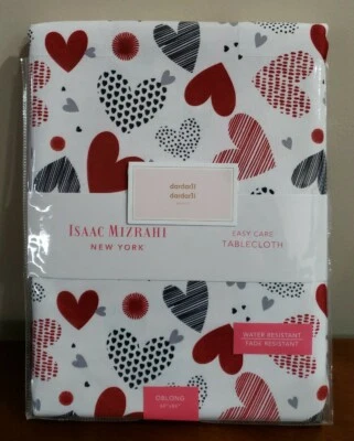 Isaac Mizrahi DOTTY HEARTS 60x84 Fabric Tablecloth 100% Polyester Red Multi NEW - Image 1 of 4