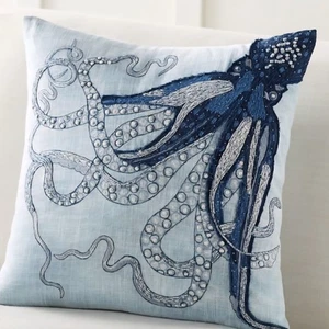 Pottery Barn Lot Of 2 Octopus Pillow Cover 20x20 Applique Coastal Nautical Beach - Picture 1 of 23