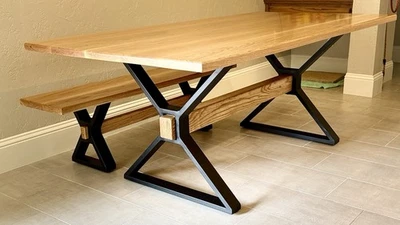 Custom White Oak Table & Bench – Solid Wood & Steel Base - Image 1 of 4