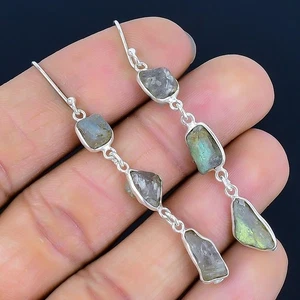 Labradorite Druzy Stone Sterling Silver Hook Daughter Art Deco Dangling Earrings - Picture 1 of 7