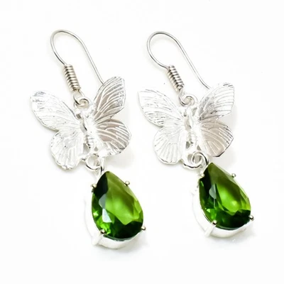 925 Sterling Silver Green Peridot Gemstone Handmade Jewelry Earring Size-1.8" - Image 1 of 4