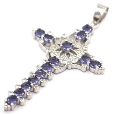 Venta Caliente Colgante Largo Forma Cruz Púrpura Espinela Blanca Circonita cúbica Damas Regalo Plata Foto 1 de 2