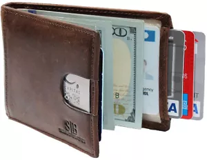 Billeteras de bolsillo frontal plegables delgadas de cuero genuino bloqueo RFID con clip para dinero - Imagen 1 de 5