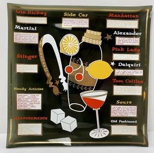 Retro MCM Glass Cocktail Plate Tray Drink Recipes Smoke Gold Vintage Bar Decor - Picture 1 of 11