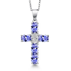 925 Sterling Silver Tanzanite and Lab Grown Diamond Cross Pendant Necklace for - Picture 1 of 6