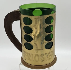 AKE ELMER Tankard Hand Blown Green Glass Brass Cover Wood Handle Cheers Swedish - Picture 1 of 11