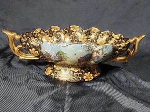 Vintage Satsuma Chinese Moriage Gold Tone Scalloped Bowl MCM Hollywood Regency - Picture 1 of 13