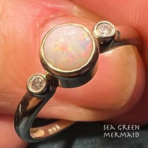 10k White Gold Australian Opal Bezel-Set Ring w Diamonds *Video* - Picture 1 of 12