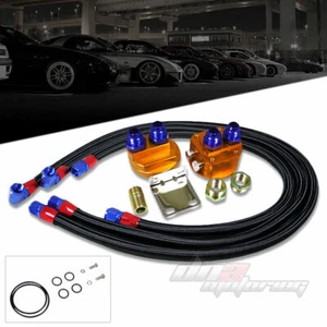 ALUMINUM OIL FILTER/COOLER RELOCATION KIT+3X BLACK STAINLESS STEEL LINE+ADAPTER - Picture 1 of 1