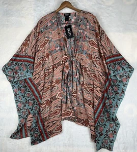 Gigio Poncho Bluse Blumen Print V-Ausschnitt Bindeband Taille Top L Boho Polyester Ernte - Bild 1 von 16