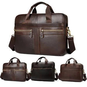 Vintage Men Laptop Briefcase Genuine Leather Business Travel Work Shoulder Bag - Picture 1 of 27