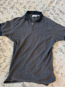 Yves Saint Laurent Polo Shirt Mens Large Gray Black Herringbone Cotton YSL Logo - Picture 1 of 8