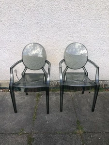 Pair of Ghost Chairs - Plastic Vanity Dressing Table Armchair - Smoke Grey - Picture 1 of 4