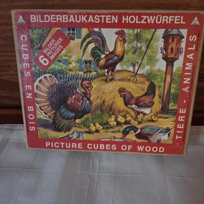 Vintage West Germany Block Puzzle In Wooden Box 16 Blocks 6 Farm/Home Pictures - Image 1 of 4