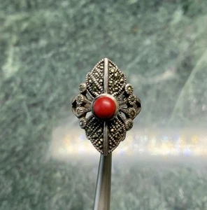 Vintage Sterling Silver Coral Marcasite Ring Size 8.5 - Picture 1 of 9